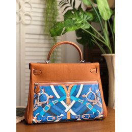 Replica Hermes Tan Blue Red Print Kelly 35 Palladium Hardware Bag