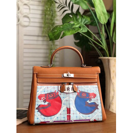 Replica Hermes Tan Blue Red Print Kelly 35 Palladium Hardware Bag