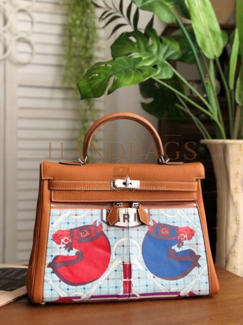 Replica Hermes Tan Blue Red Print Kelly 35 Palladium Hardware Bag