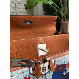 Replica Hermes Tan Blue Red Print Kelly 35 Palladium Hardware Bag