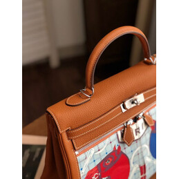 Replica Hermes Tan Blue Red Print Kelly 35 Palladium Hardware Bag