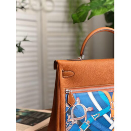 Replica Hermes Tan Blue Red Print Kelly 35 Palladium Hardware Bag