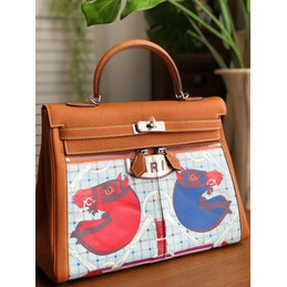 Replica Hermes Tan Blue Red Print Kelly 35 Palladium Hardware Bag