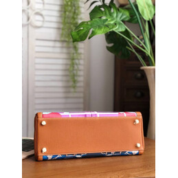 Replica Hermes Tan Blue Red Print Kelly 35 Palladium Hardware Bag