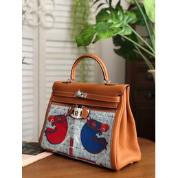 Replica Hermes Tan Blue Red Print Kelly 35 Palladium Hardware Bag