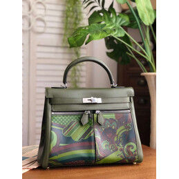 Replica Hermes Olive Green Multicolor Print Kelly 32 Palladium Hardware Bag