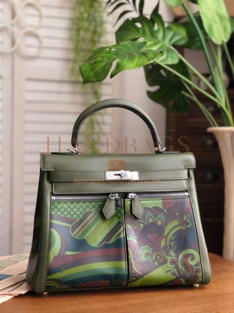 Replica Hermes Olive Green Multicolor Print Kelly 32 Palladium Hardware Bag