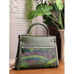 Replica Hermes Olive Green Multicolor Print Kelly 32 Palladium Hardware Bag