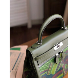 Replica Hermes Olive Green Multicolor Print Kelly 32 Palladium Hardware Bag
