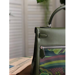 Replica Hermes Olive Green Multicolor Print Kelly 32 Palladium Hardware Bag