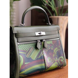Replica Hermes Olive Green Multicolor Print Kelly 32 Palladium Hardware Bag