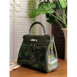 Replica Hermes Olive Green Multicolor Print Kelly 32 Palladium Hardware Bag