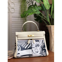 Replica Hermes White Black Print Kelly 32 Gold Hardware Bag
