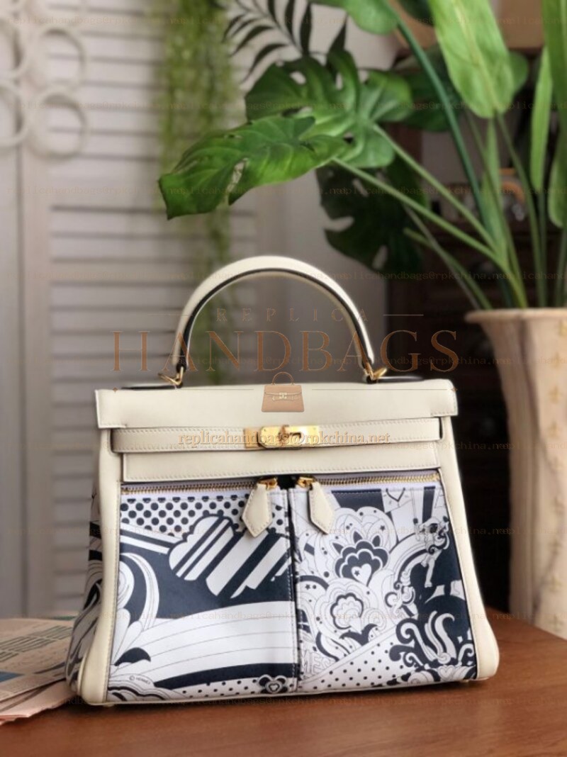 Replica Hermes White Black Print Kelly 32 Gold Hardware Bag