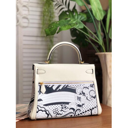 Replica Hermes White Black Print Kelly 32 Gold Hardware Bag