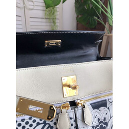 Replica Hermes White Black Print Kelly 32 Gold Hardware Bag