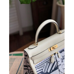 Replica Hermes White Black Print Kelly 32 Gold Hardware Bag