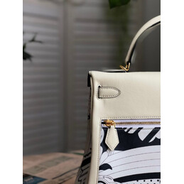 Replica Hermes White Black Print Kelly 32 Gold Hardware Bag