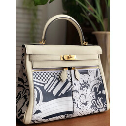 Replica Hermes White Black Print Kelly 32 Gold Hardware Bag