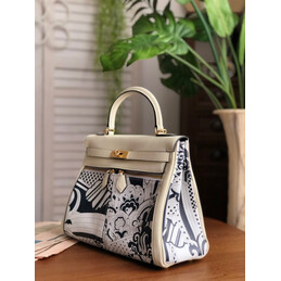 Replica Hermes White Black Print Kelly 32 Gold Hardware Bag