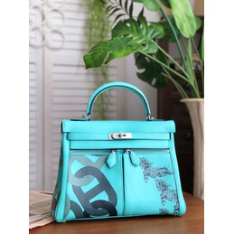 Replica Hermes Turquoise Gray Print Kelly 32 Palladium Hardware Bag
