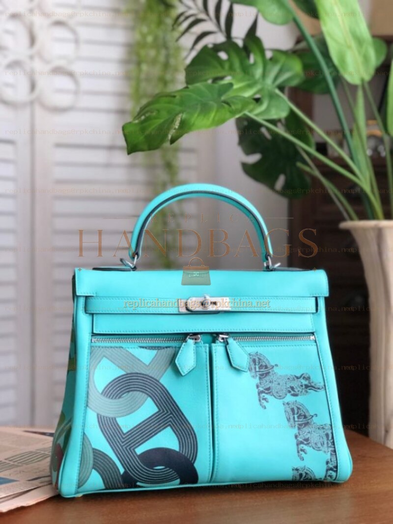 Replica Hermes Turquoise Gray Print Kelly 32 Palladium Hardware Bag
