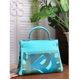 Replica Hermes Turquoise Gray Print Kelly 32 Palladium Hardware Bag