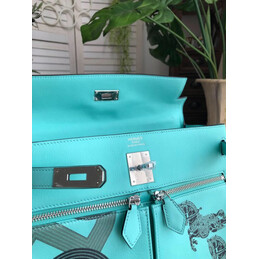 Replica Hermes Turquoise Gray Print Kelly 32 Palladium Hardware Bag
