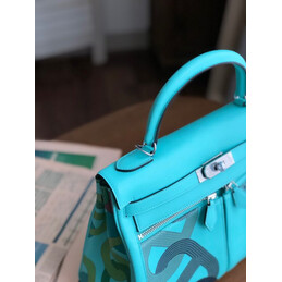 Replica Hermes Turquoise Gray Print Kelly 32 Palladium Hardware Bag