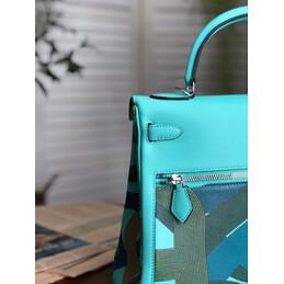 Replica Hermes Turquoise Gray Print Kelly 32 Palladium Hardware Bag