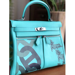 Replica Hermes Turquoise Gray Print Kelly 32 Palladium Hardware Bag