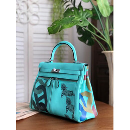 Replica Hermes Turquoise Gray Print Kelly 32 Palladium Hardware Bag