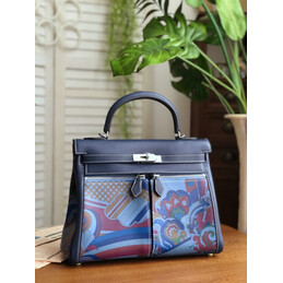 Replica Hermes Navy Blue Multicolor Print Kelly 32 Palladium Hardware Bag - Style 2