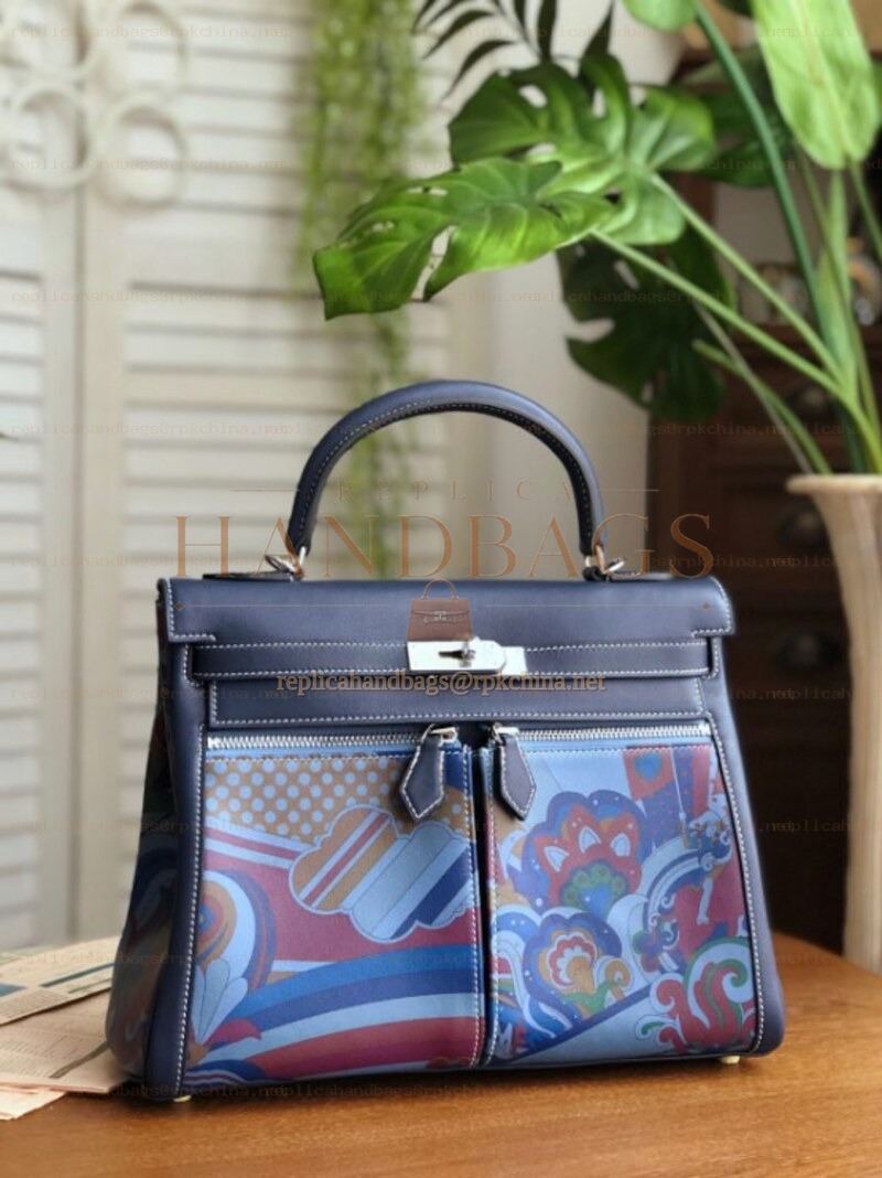 Replica Hermes Navy Blue Multicolor Print Kelly 32 Palladium Hardware Bag - Style 2