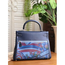 Replica Hermes Navy Blue Multicolor Print Kelly 32 Palladium Hardware Bag - Style 2