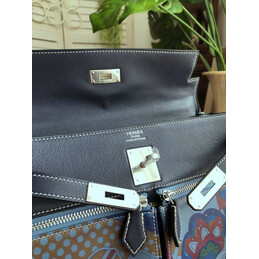 Replica Hermes Navy Blue Multicolor Print Kelly 32 Palladium Hardware Bag - Style 2