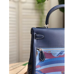 Replica Hermes Navy Blue Multicolor Print Kelly 32 Palladium Hardware Bag - Style 2