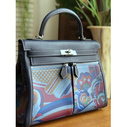 Replica Hermes Navy Blue Multicolor Print Kelly 32 Palladium Hardware Bag - Style 2