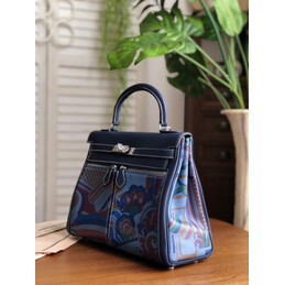 Replica Hermes Navy Blue Multicolor Print Kelly 32 Palladium Hardware Bag - Style 2