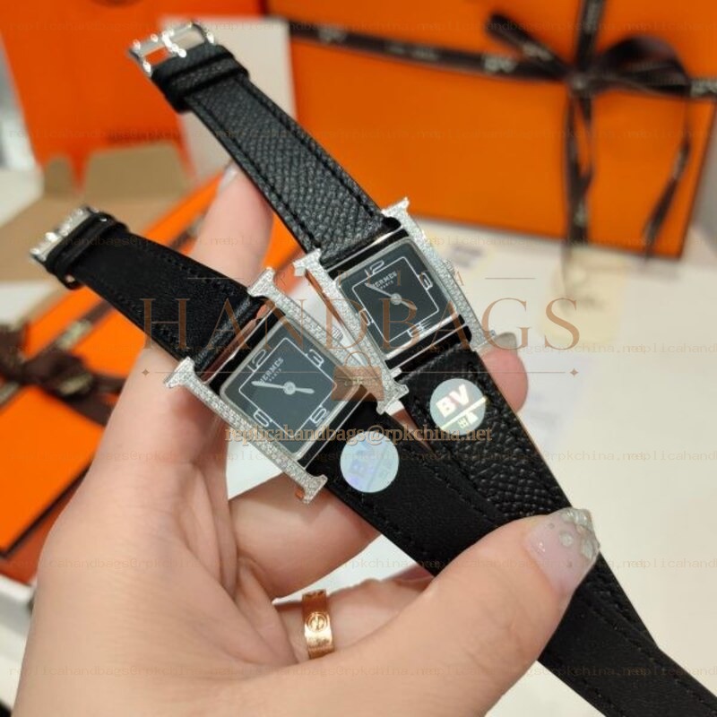 Replica Hermes black leather double tour watch with stainless steel case