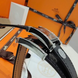 Replica Hermes black leather double tour watch with stainless steel case