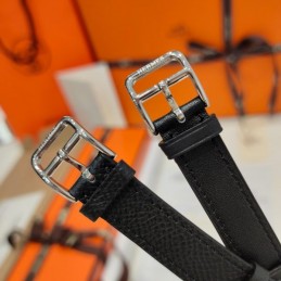 Replica Hermes black leather double tour watch with stainless steel case