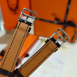 Replica Hermes black leather double tour watch with stainless steel case