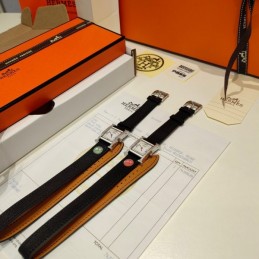Replica Hermes black double tour leather watch with diamond bezel and stainless steel case