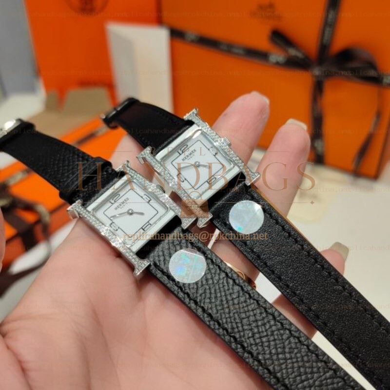 Replica Hermes black double tour leather watch with diamond bezel and stainless steel case