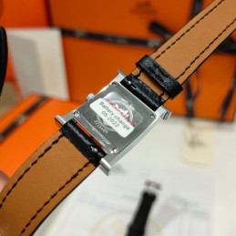 Replica Hermes black double tour leather watch with diamond bezel and stainless steel case