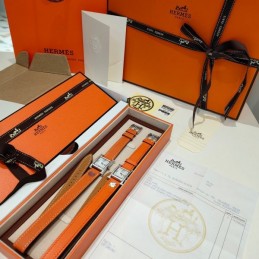 Replica Hermes orange leather double tour watch with stainless steel case
