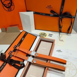 Replica Hermes orange leather double tour watch with stainless steel case