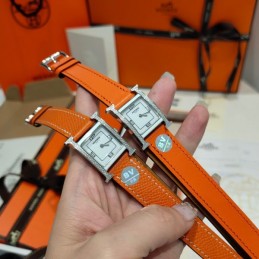 Replica Hermes orange leather double tour watch with stainless steel case