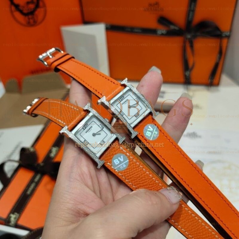 Replica Hermes orange leather double tour watch with stainless steel case
